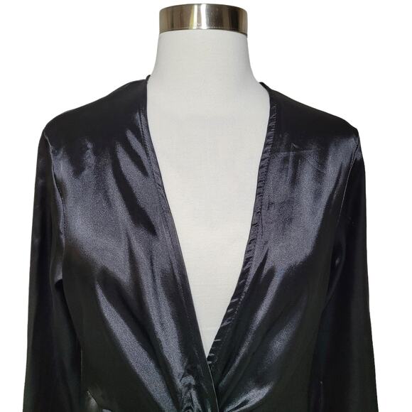 Satin Black Faux Wrap Front Plunge Mini Dress V Neck Twist Size Medium - Picture 3 of 8